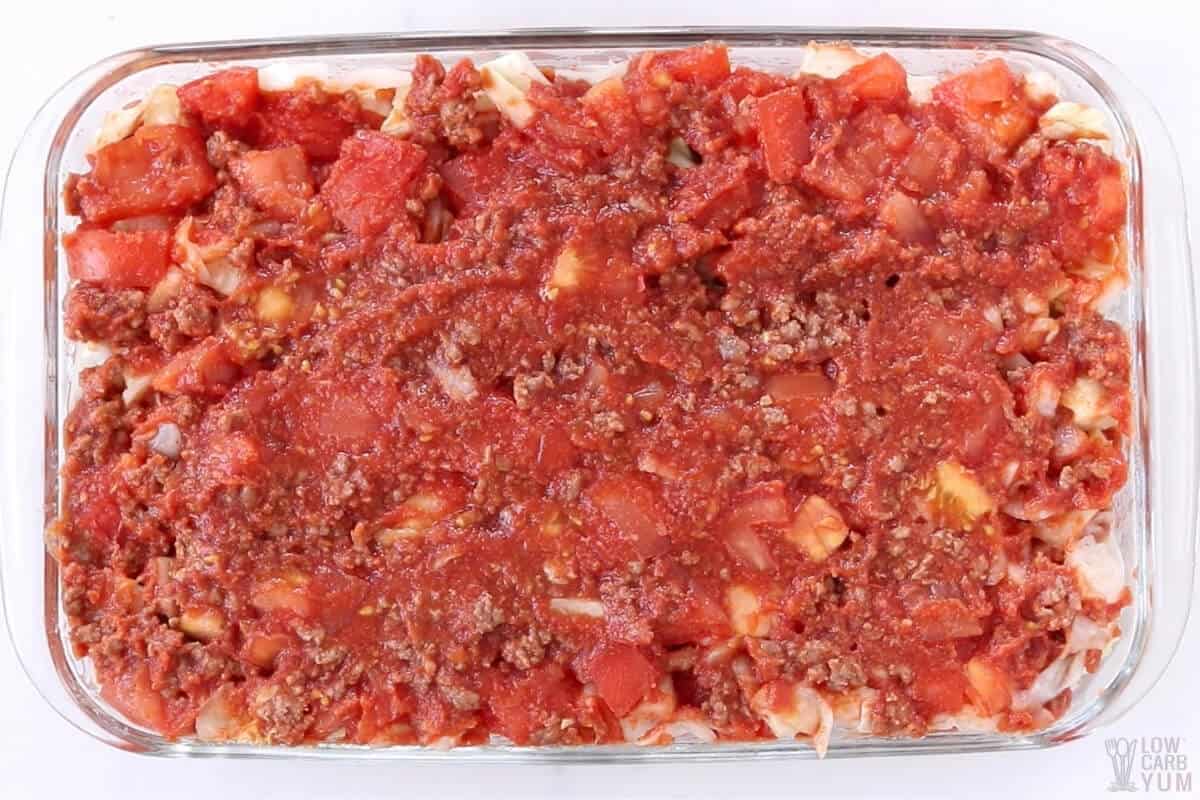 assembling hamburger cabbage casserole