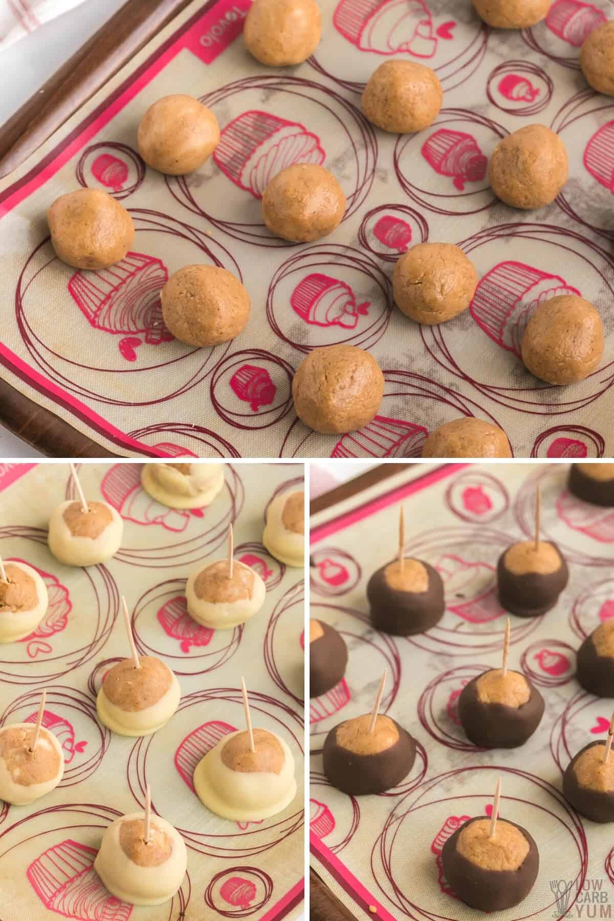 dipping buckeyes in sugar free chocolate